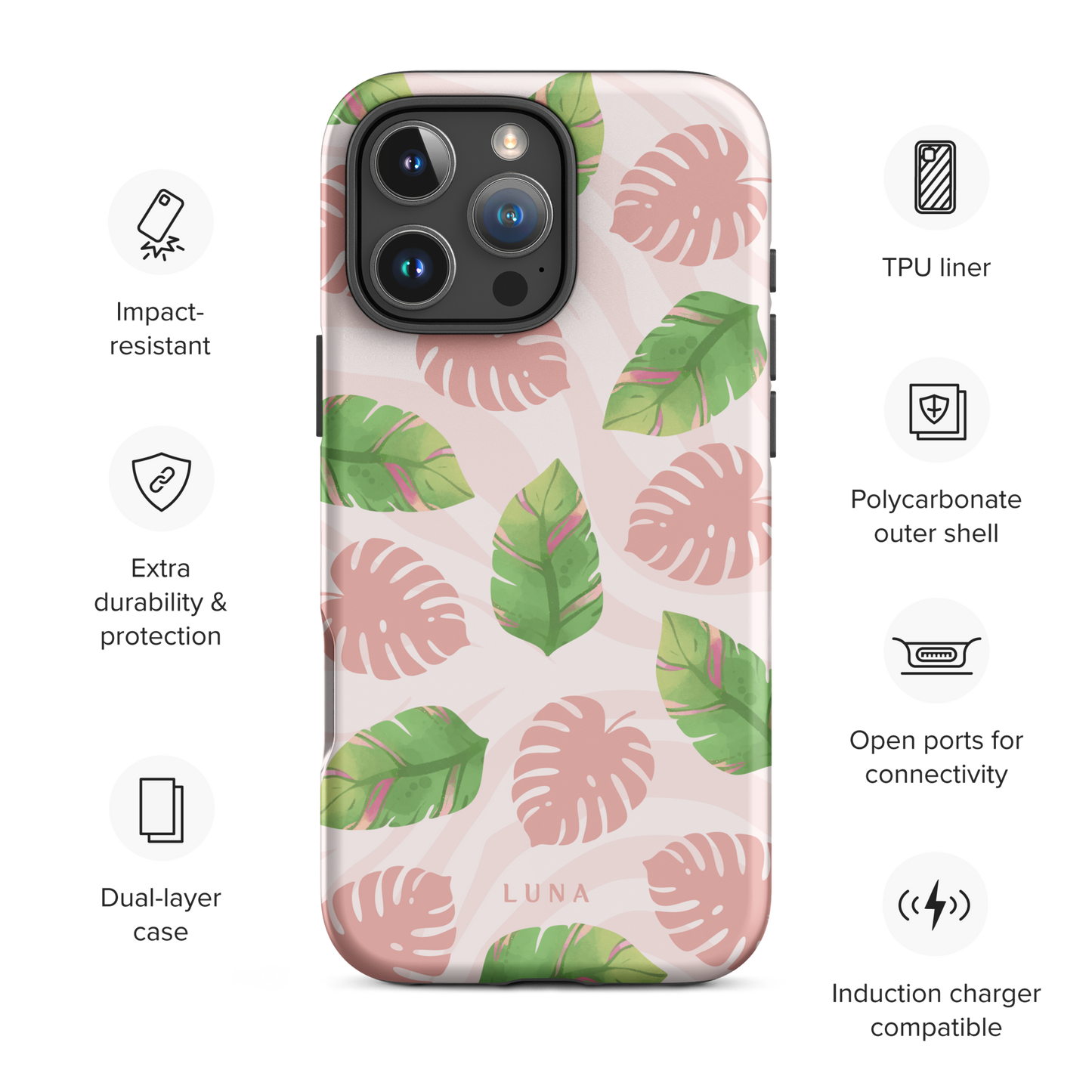 Into The Jungle Phone Case
Wild meets serene in this lush design. A soft blush tiger print sets the stage, while tropical leaves in vivid greens and pinks weave acr