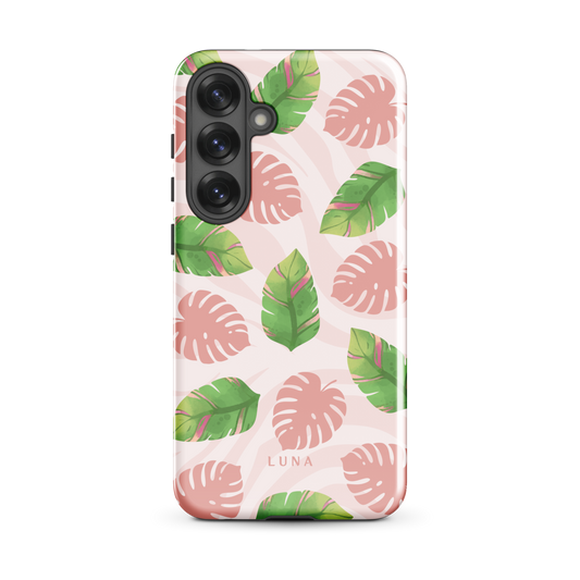 Into The Jungle Phone Case
Wild meets serene in this lush design. A soft blush tiger print sets the stage, while tropical leaves in vivid greens and pinks weave acr