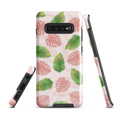 Into the Jungle - Tough case for Samsung®PHONE-CASEInto the Jungle Phone CaseInto The Jungle Phone Case 
Wild meets serene in this lush design. A soft blush tiger print sets the stage, while tropical leaves in vivid greens and pinks weave acrLunaLuna